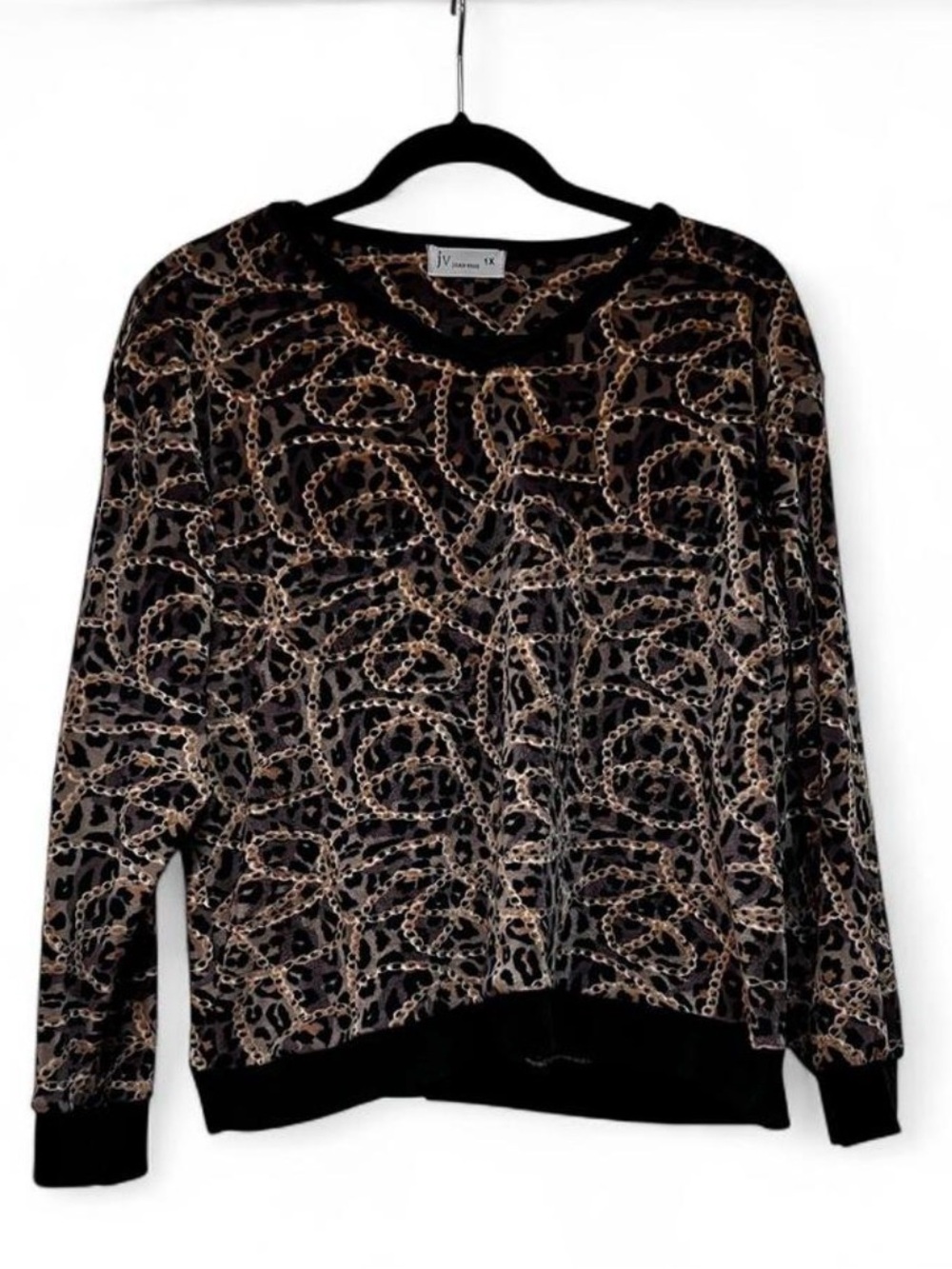 Joan Vass Black Leopard Chain Velvet Top- size 1X